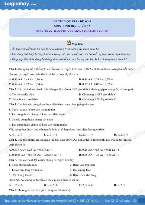 Đề số 5 - Đề kiểm tra học kì 1 - Sinh học 12